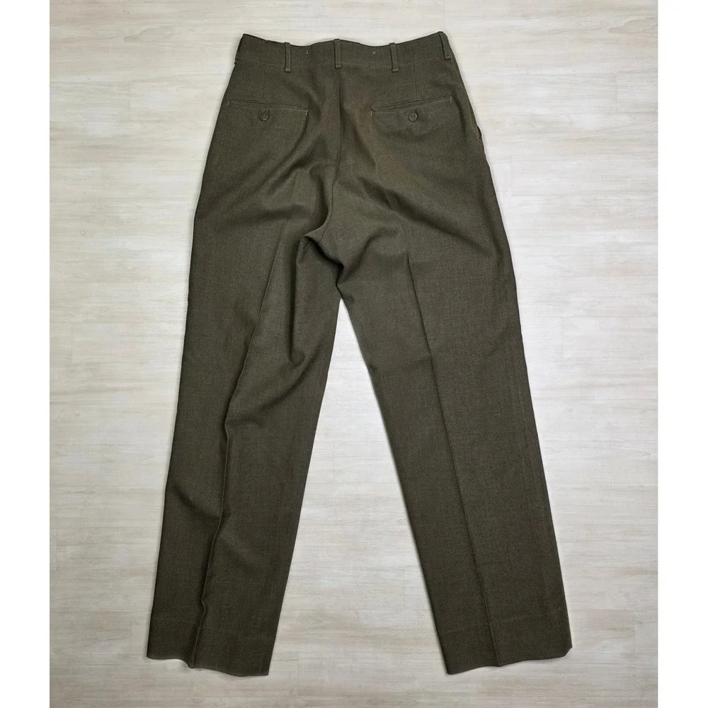 Vintage Military Wool Trousers Olive Drab High Waisted Button Fly Pants 32 x 33